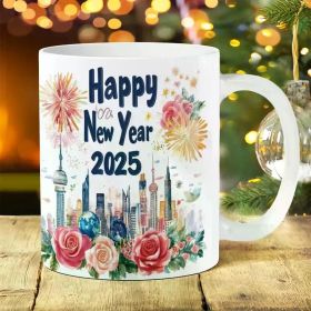 1pc 11oz Basque Coffee, Tea, Milk Cup with Art Print - Durable Porcelain Drinkware for Home and Office - Perfect (Color: White)